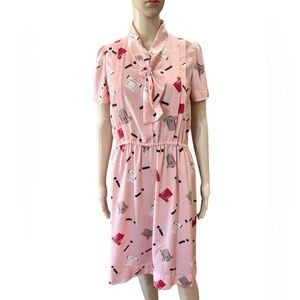Novelty print Stylish Pink Patterned Dress with pussycat bow handmade vintage- M